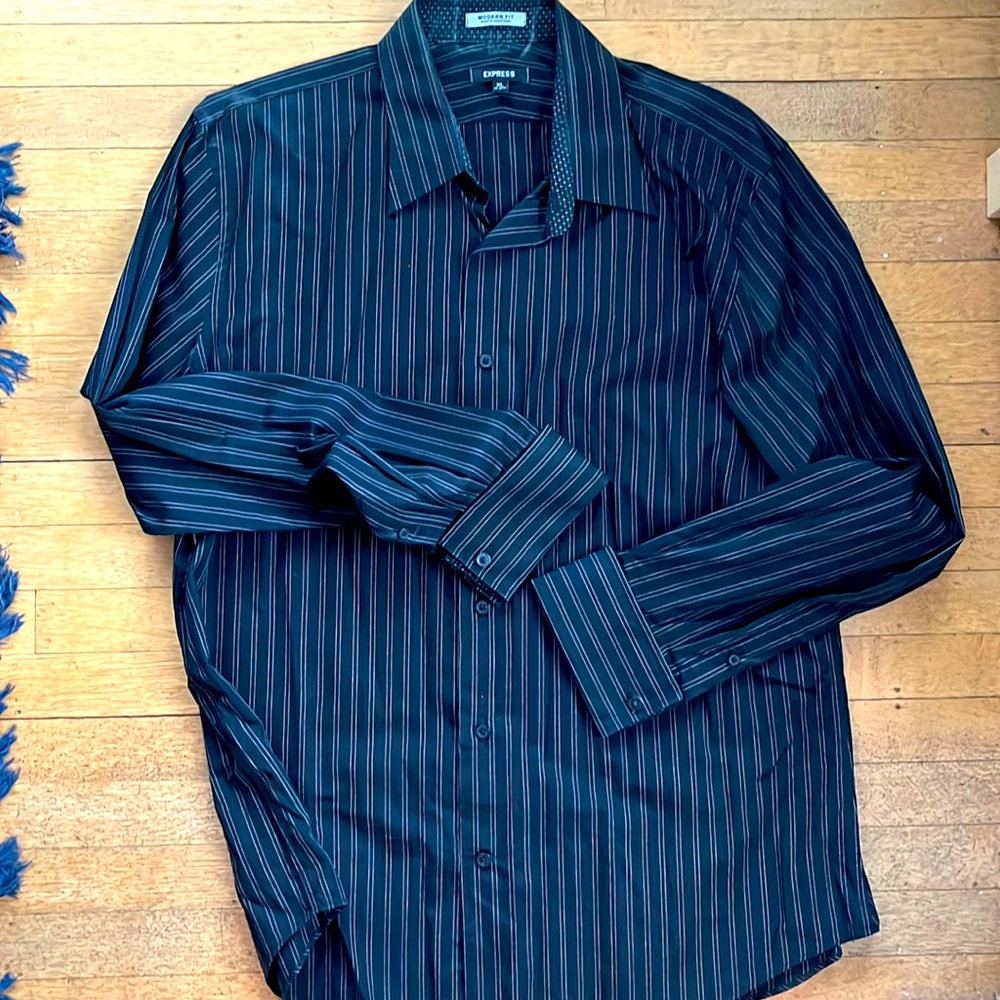 Modern fit Express button down, vintage circa 2007, black striped, XL 17/17.5